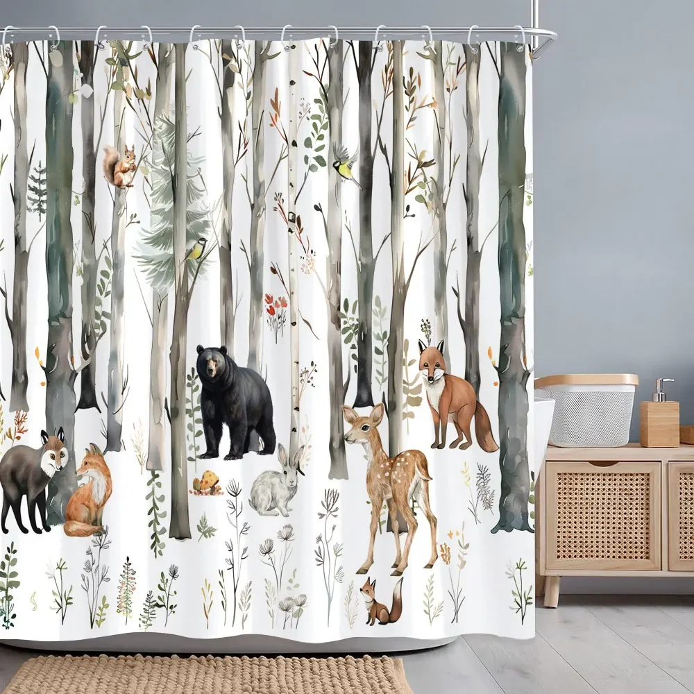 Forest Animals Watercolour Shower Curtain Deer Bear Fox Squirrel Flower Polyester Fabric Bath Curtains Bathroom Decor With Hooks