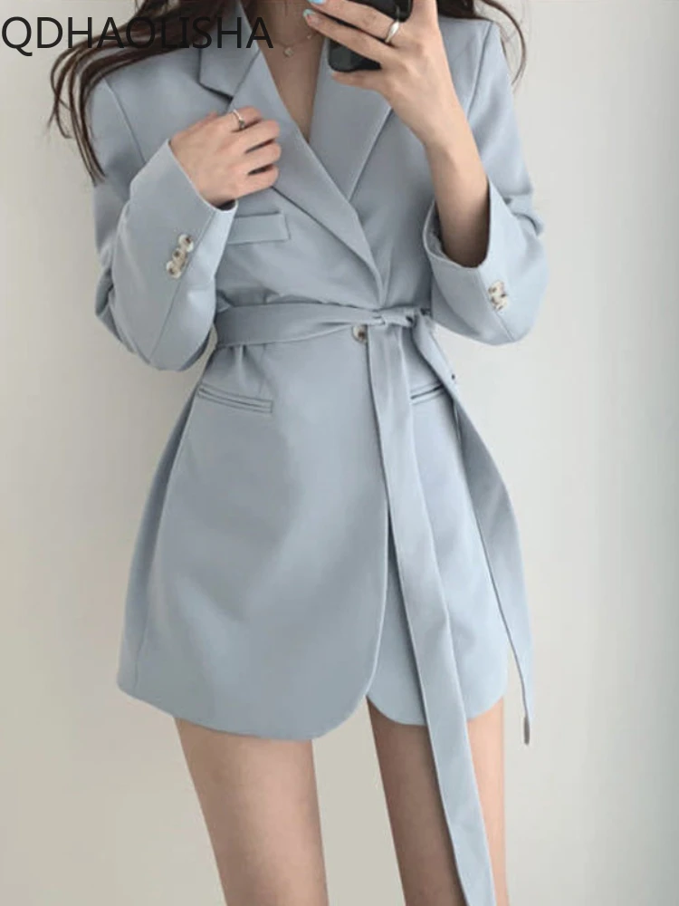 

Chic Suit Jacket Women's Korean Fashion 2024 Spring Summer New in Vintage Solid Color Slim Thin Style Lace Up Small Suit Dress