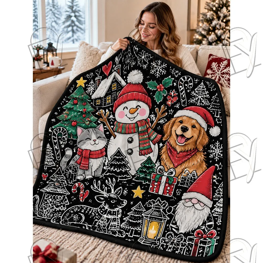 Plush Couch Blanket Xmas Snowman Golden Retriever Dog Cat Kitten Half Painted Microfleece Blanket Markers