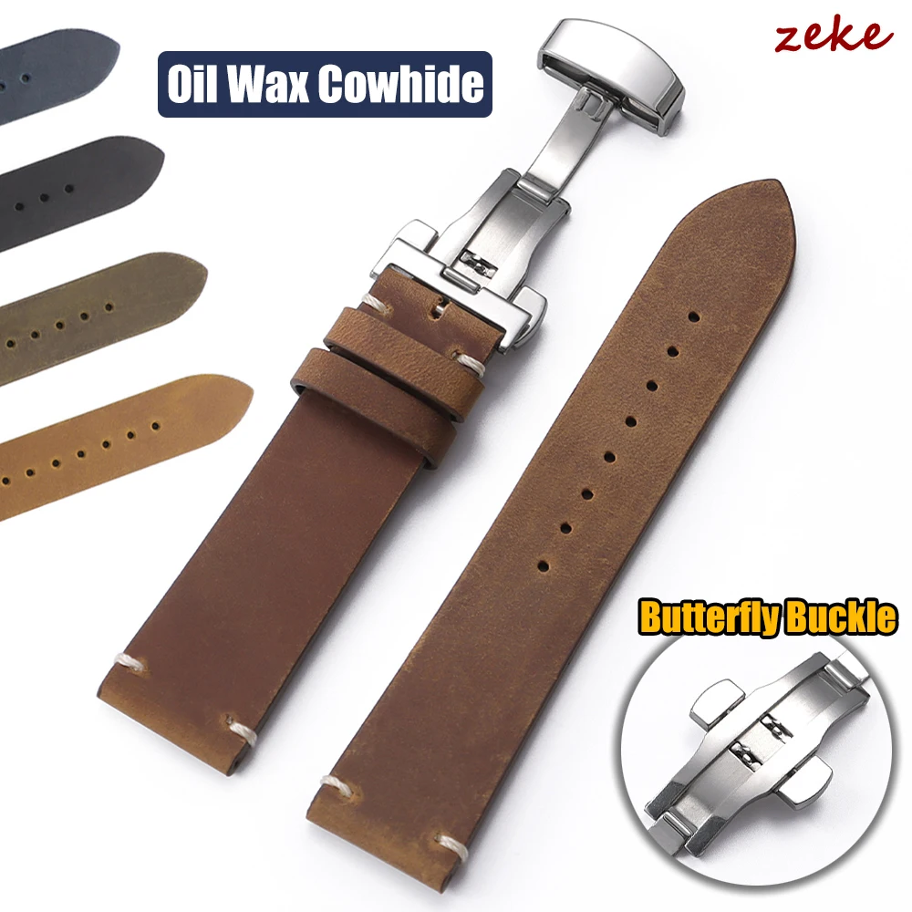 Vintage Ölwachs Echtes Kalbsleder Uhrenarmbänder 18mm 20mm 21mm 22mm Universal Uhrenarmband Herren Zubehör Schmetterlingsschnalle