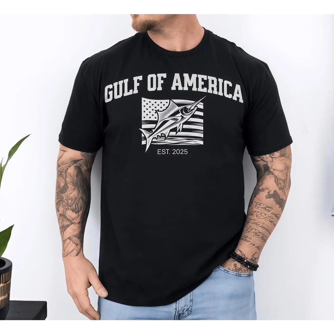 

T - shirt Showcasing the Gulf of America with a Sleek Marlin and Patriotic Design
