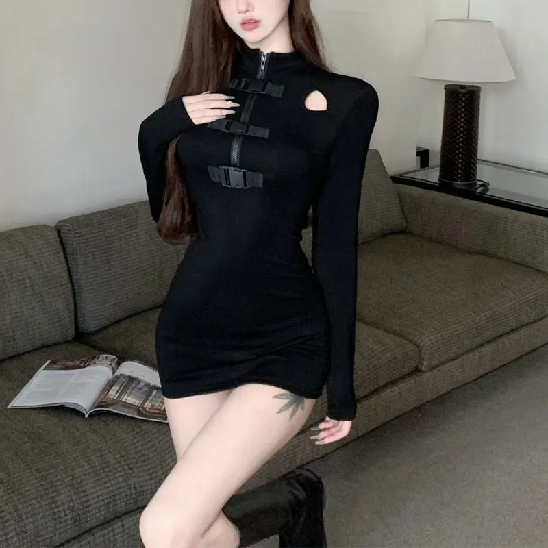 Aura Sexy Hollow Out Mini Dress Spring Autumn Solid Color Female Clothing Long Sleeve Fashion Zipper Slim Waist Bag Hip Dresses