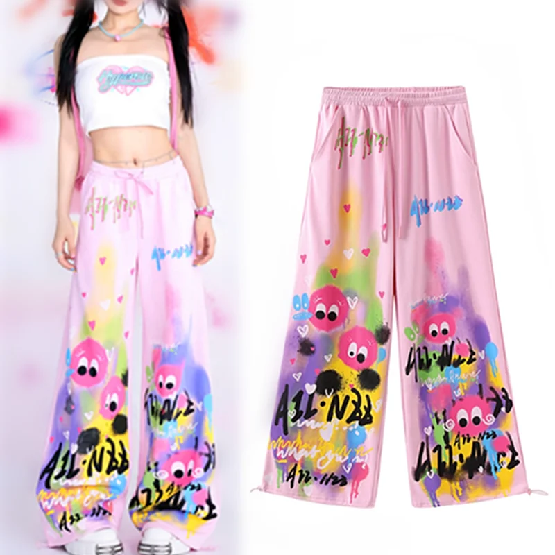 New Women Spring Summer Cartoon Harajuku Graffit Printed Trousers Harem Pants Loose Pink Dancer Hip Pop Young Lady Trousers NZ17