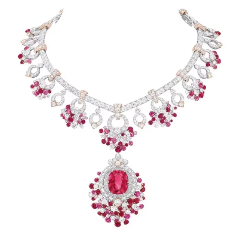 

BELLUX Изысканное колье из серебра 925 пробы с покрытием из белого золота, синтетическим цирконом и рубином цвета «голубиная кровь», в форме красного цветка, для банкетов, ювелирное изделие класса люкс