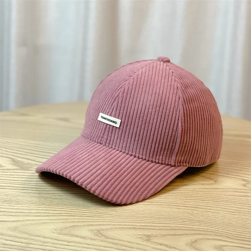 Korean Autumn and Winter Warm Hard Top Big Head Corduroy Baseball Hat Men and Women Fashion Cloth Label  Adjustable Sports Cap