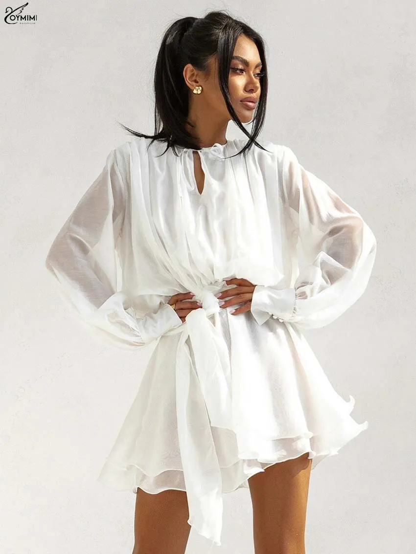 

Oymimi Elegant White O-Neck Womens Dresses Fashion Lace-Up Long Sleeve Button Dresses Autumn New Pleated Mini Dress Streetwear
