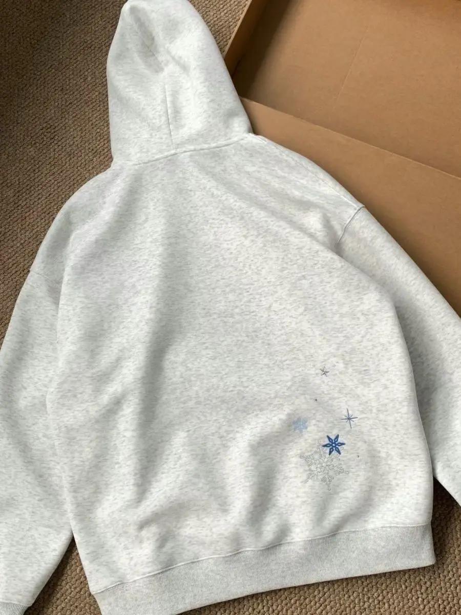 Moletom Retro Americano com Bordado de Floco de Neve para Mulheres, Casual de Inverno, Jaqueta Solta, Comprimento Ne Nine Sve