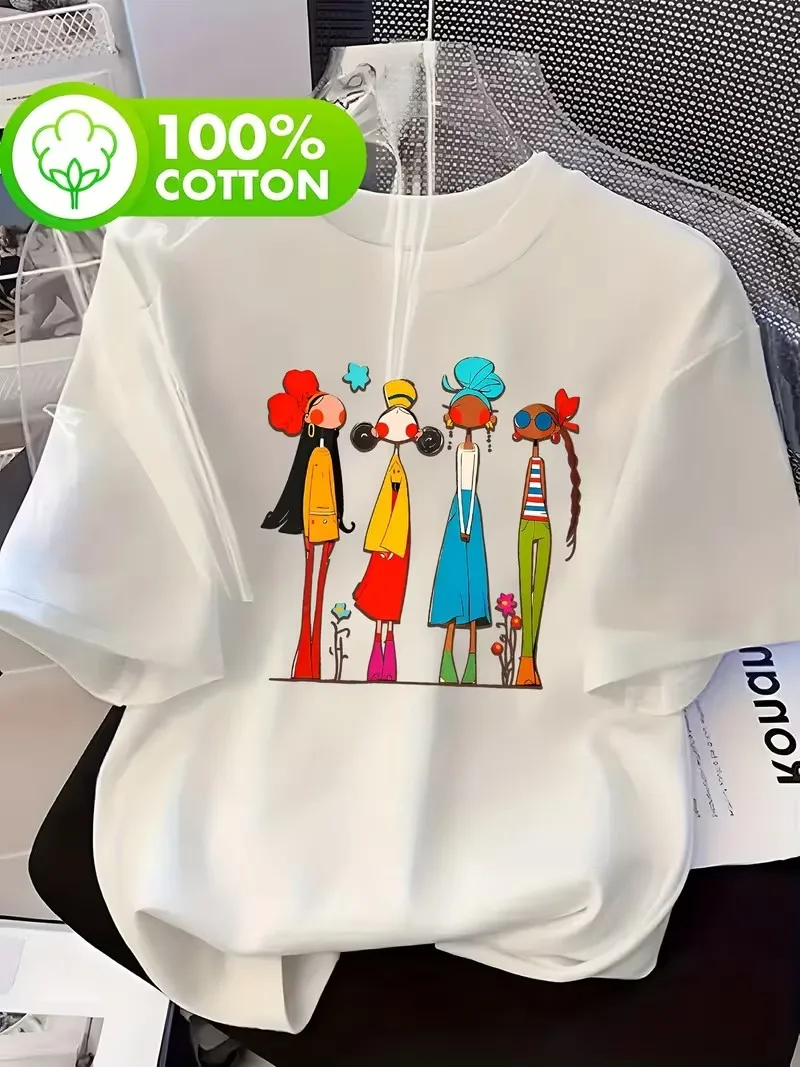 Cartoon Friends Fashion Girls Design 100% Cotton Women's Print T-Shirt Crew Neck Short Sleeve Top Streetwear T Shirt
