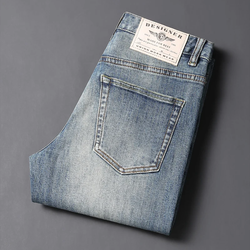 European Trendy Fashion Men Jeans High Quality Retro Blue Elastic Slim Fit Vintage Designer Jeans Men Casual Denim Pants Hombre
