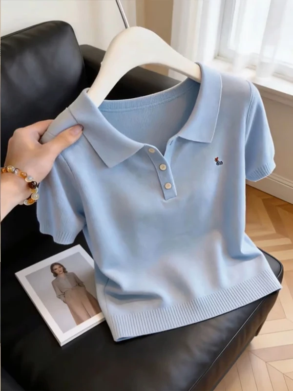 Dopamine Blue  Neck Short Sleeve T-Shirt Women's Summer Casual Versatile Denim Set High Waist Slim Fit Breathable Wear Re...
