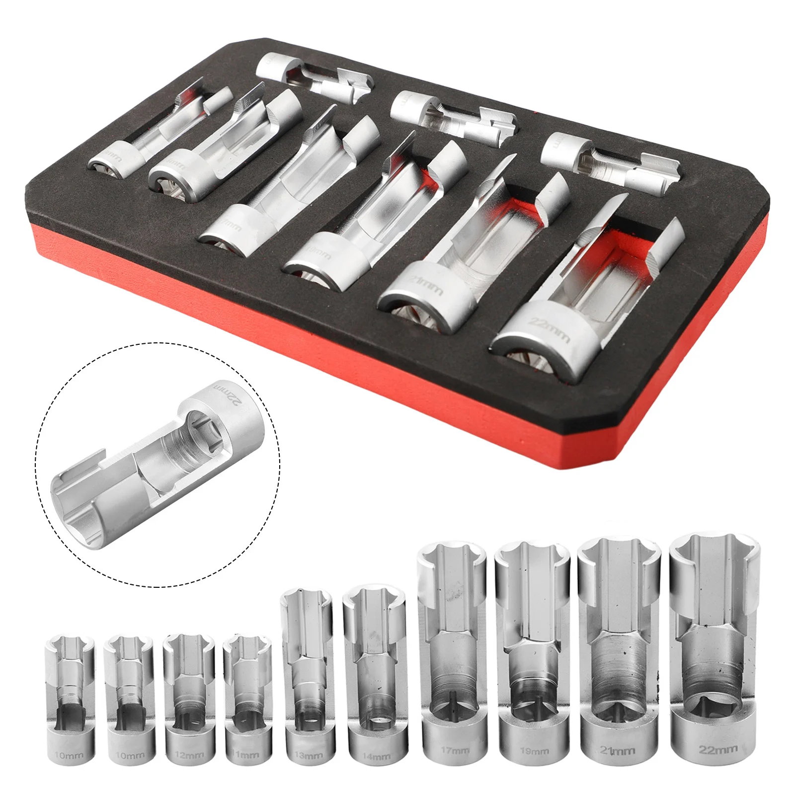 

9Pcs/set 10mm To 22mm 1/4" 3/8" 1/2" Fuel Line Socket Wrench Union Nut Socket Open Oil Pipe Removal Sleeve Car Repairing Tools