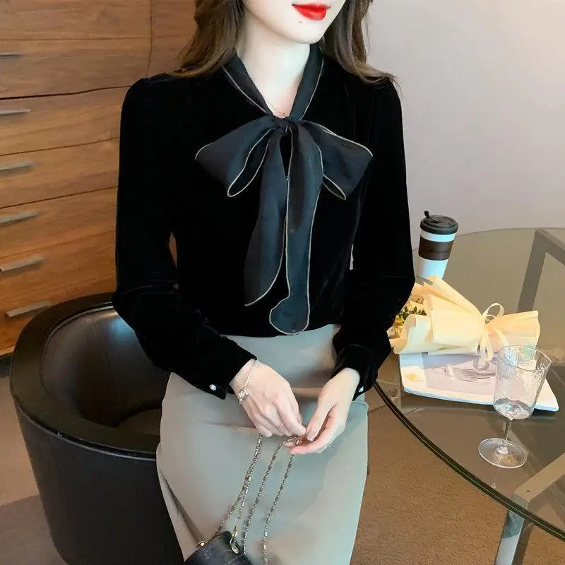 

Bow Lacing Black Vintage Blouse Spring Autumn New Long Sleeve All-match Youth Office Shirt Tops Casual Women Clothing TT399