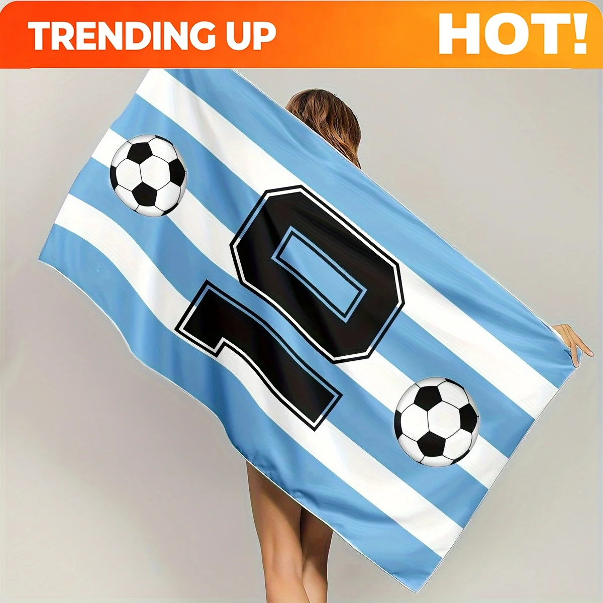 Customize 1pc of Exclusive Beach Towel for Soccer Fans, Featuring Classic Blue and White Stripes with Soccer Elements. Show Off