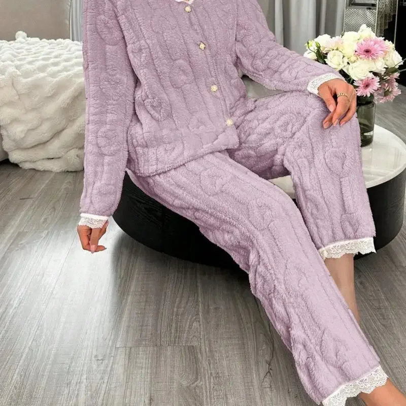 2025 Winter New Jacquard Plush Suit Collar Pajamas Sleepwear Princess Style Lace Trim Top Pant 2Pcs Loungewear Homewear