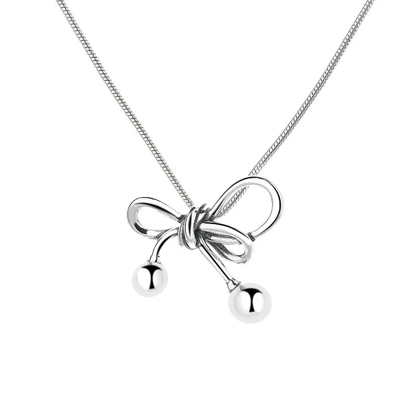 441LM ZFSILVER Fashion Silver 925 Retro Lovely Design Sweet Bowknot Necklace For Women Charm Party Jewelry Accessories Match-all