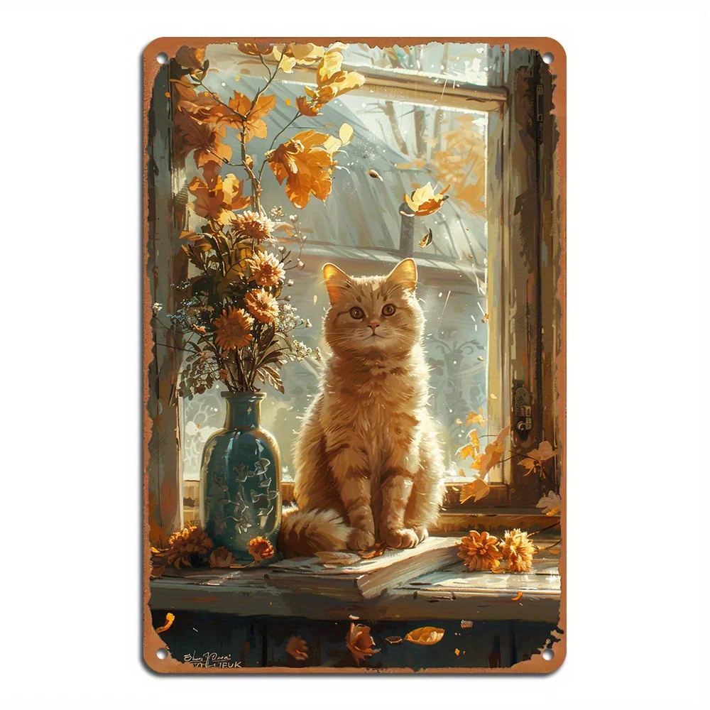 Vintage Autumn Cats Metall-Wandkunst – rustikales Blumen-Blechschild für die Dekoration von Zuhause, Büro oder Café, 8 x 12 Zoll große Plakette