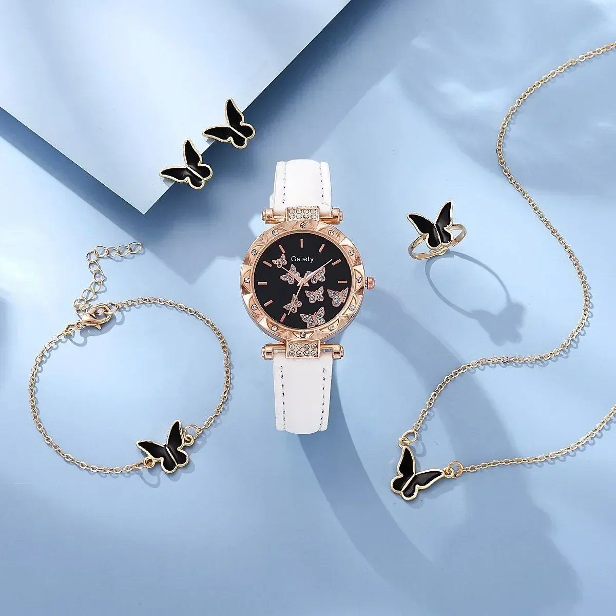 Ensemble de montre-bracelet à quartz pour femme, bague, collier, boucles d'oreilles, bracelet en cuir papillon, montre-bracelet pour femme, sans boîte, 6,1 pièces