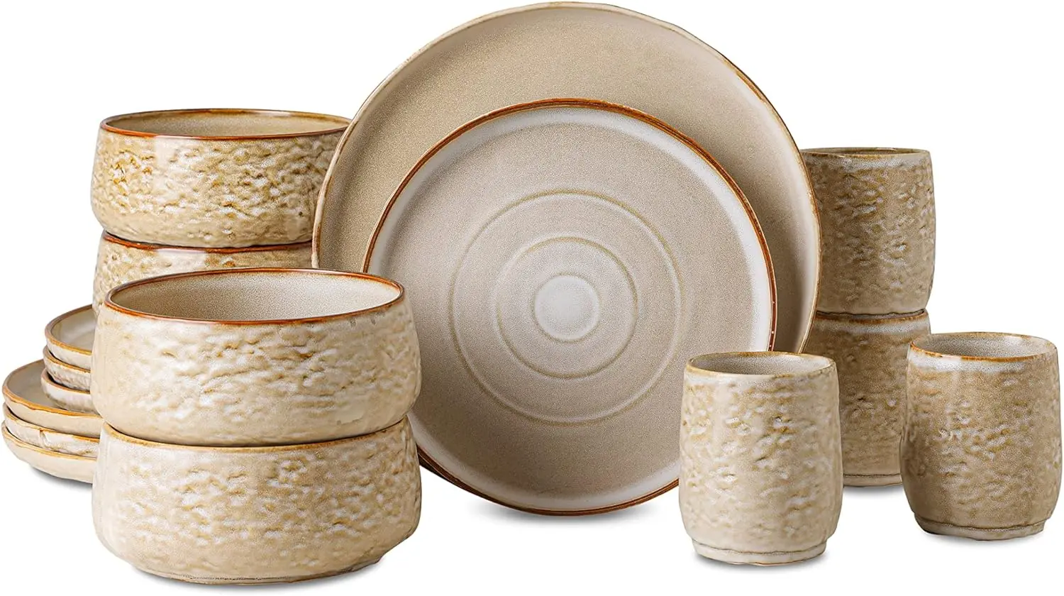 

Stone by Mercer Project SHOSAI 16-Piece Stoneware Dinnerware Set, Plates and Bowls Set, Modern Dishware set fo 4, Sand