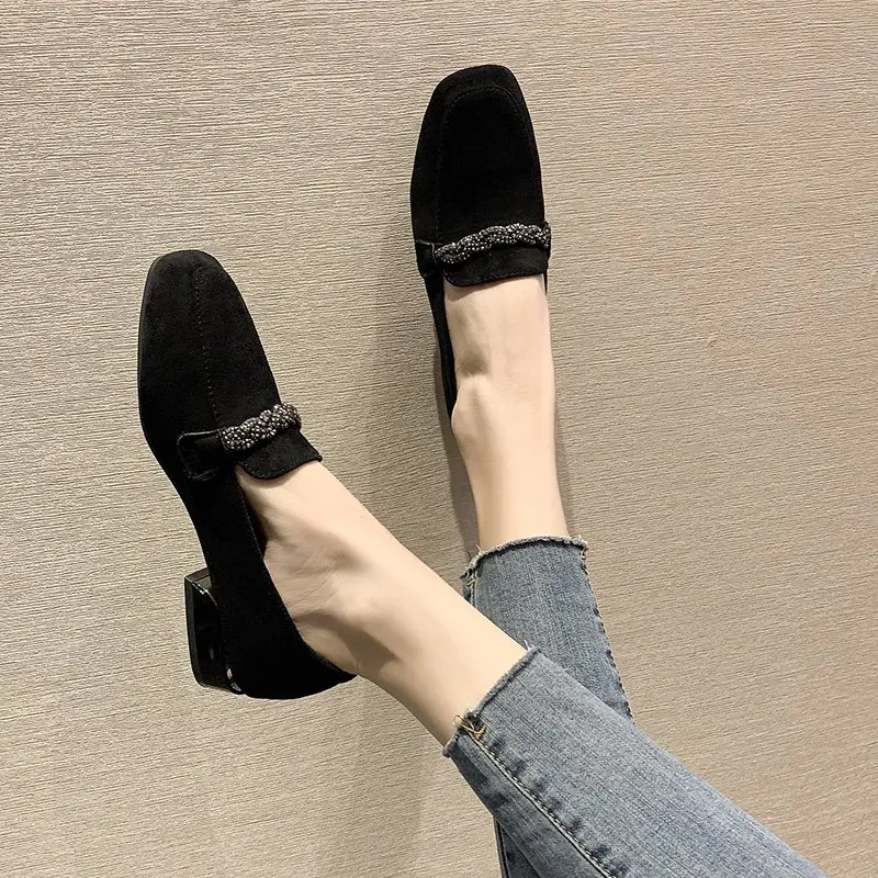 Crystal Chain Flock Loafers Women Low Heels Espadrilles Women Shoes Ballerina Retor Square Toe Nubuck Velvet Moccasins Flats2021