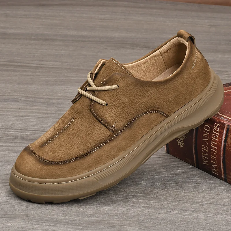 

Leather Wide Head Men's Shoes Casual Business Breathable Soft Leather Knot Bottom Shoes Fashionable round Toe Pure Color