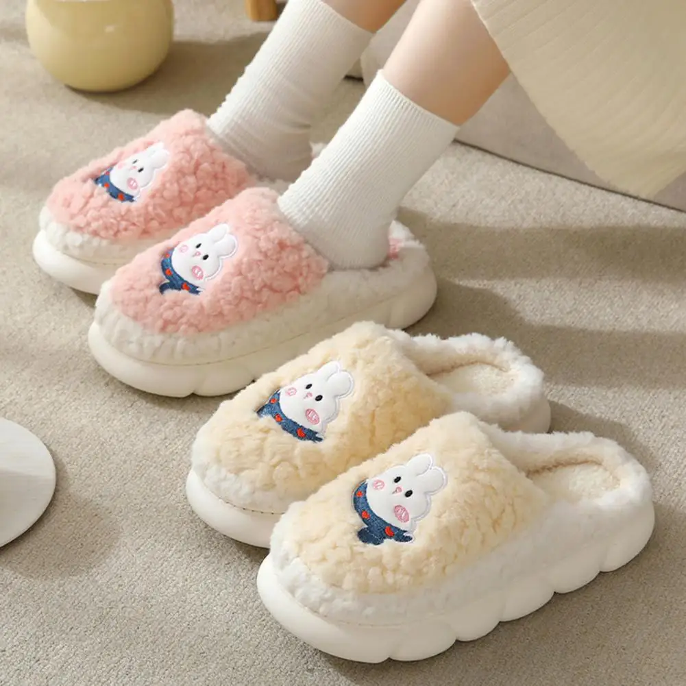 Winter Warm Slippers For Women Men Slippers Soft Bottom Heightening Cartoon Rabbit Pattern Fluffy Furry Slippers Bedroom Slides