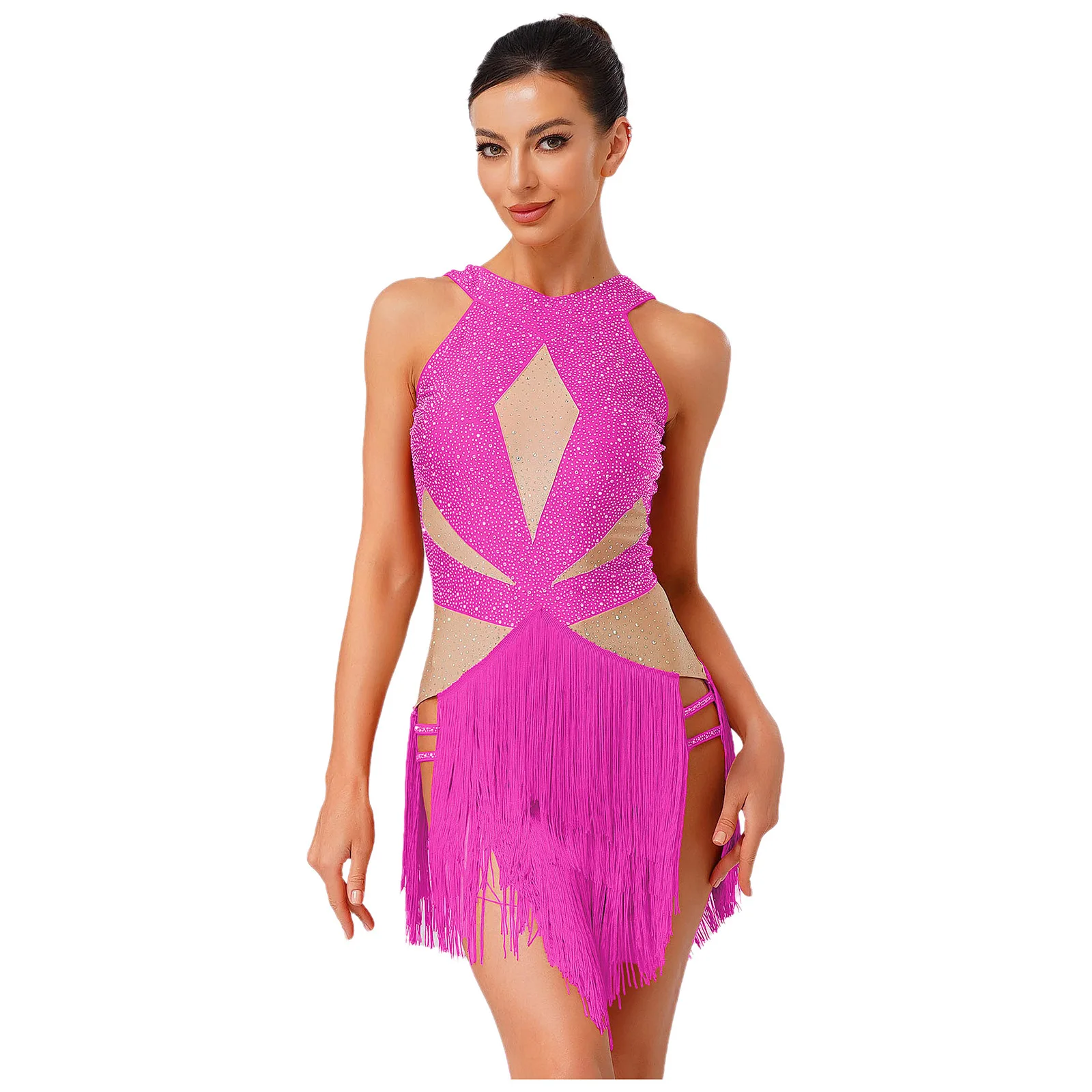 Borla latina tango dança collants para mulheres chacha rumba samba trajes strass sem costas contraste cor bodysuits macacões