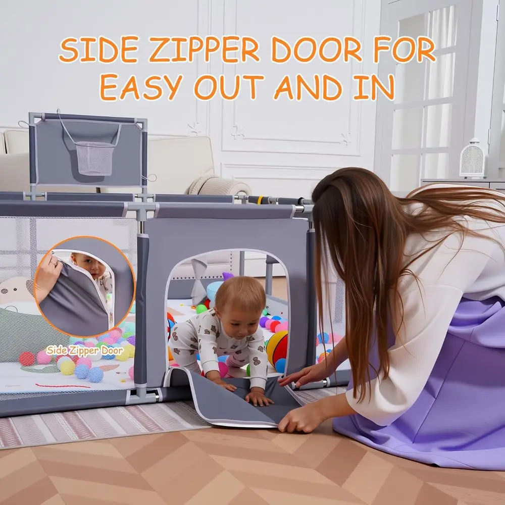 روضة لعب رمادية للأطفال الصغار، 79 × 71 مع حصيرة، كرات المحيط، جيب معلق وطوق كرة السلة - للاستخدام الداخلي/الخارجي #4