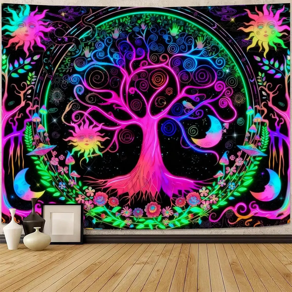 Sun And Moon Phase Colorful Tree of Life Tapestry Galaxy Flower Plant Tapestries Boho Mandala Spiritual Aesthetic Wall Hanging