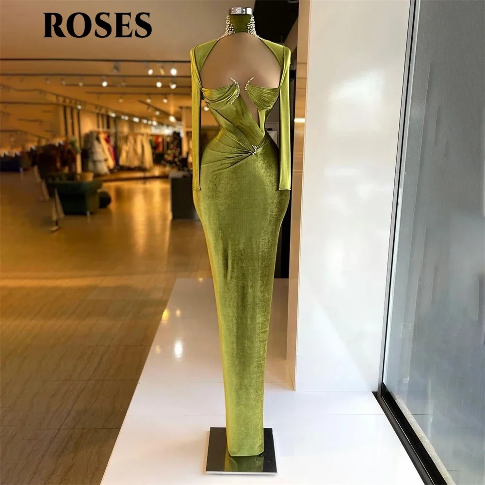 Vestidos de Noche de estilo moderno verde ROSAS, vestido de fiesta con cuello alto y perlas, mangas casquillo, vestido de fiesta hueco abiti da cerimonia