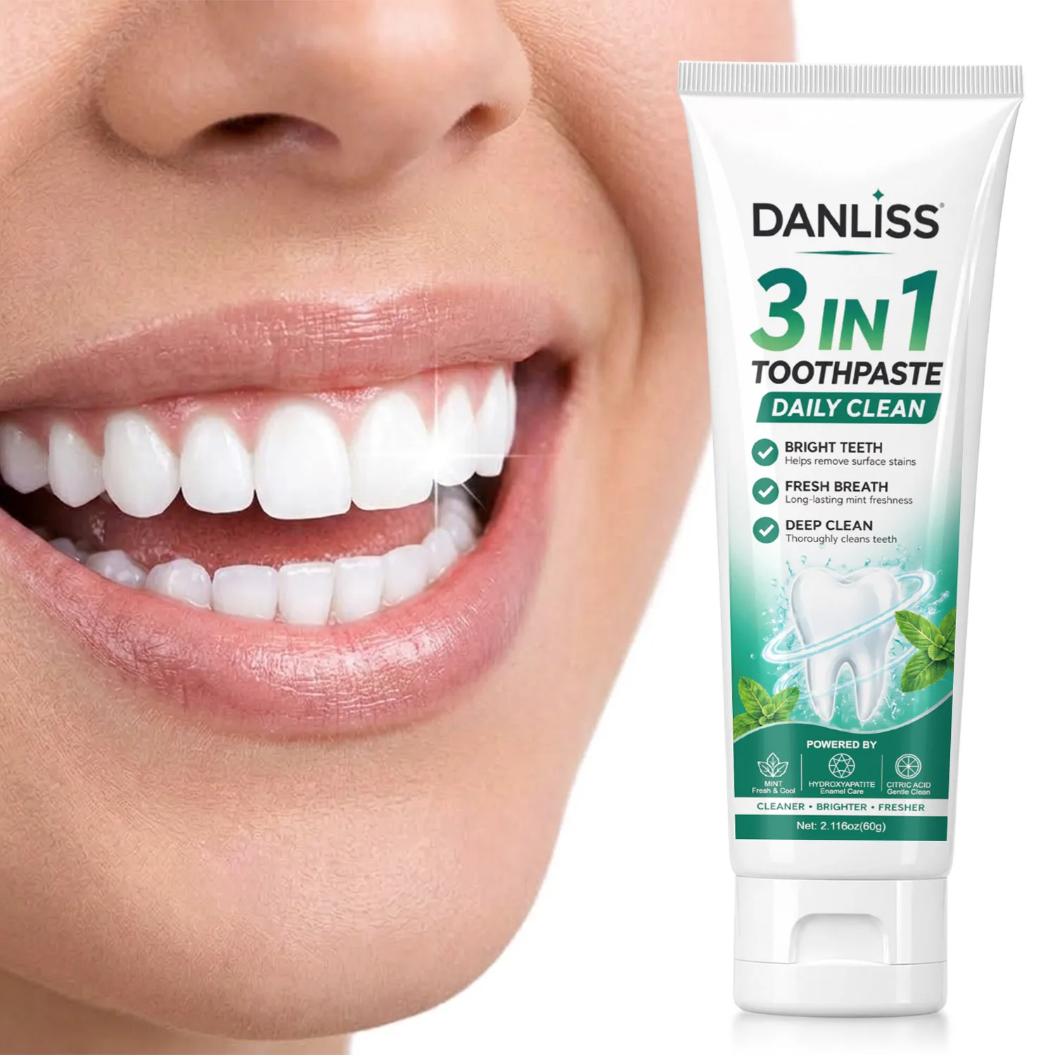 3 in 1 Toothpaste, Daily Clean, Bright Teeth, Fresh Breath, Deep Clean,Mint, Citric Acid, Rebuild and Strengthen Enamel.