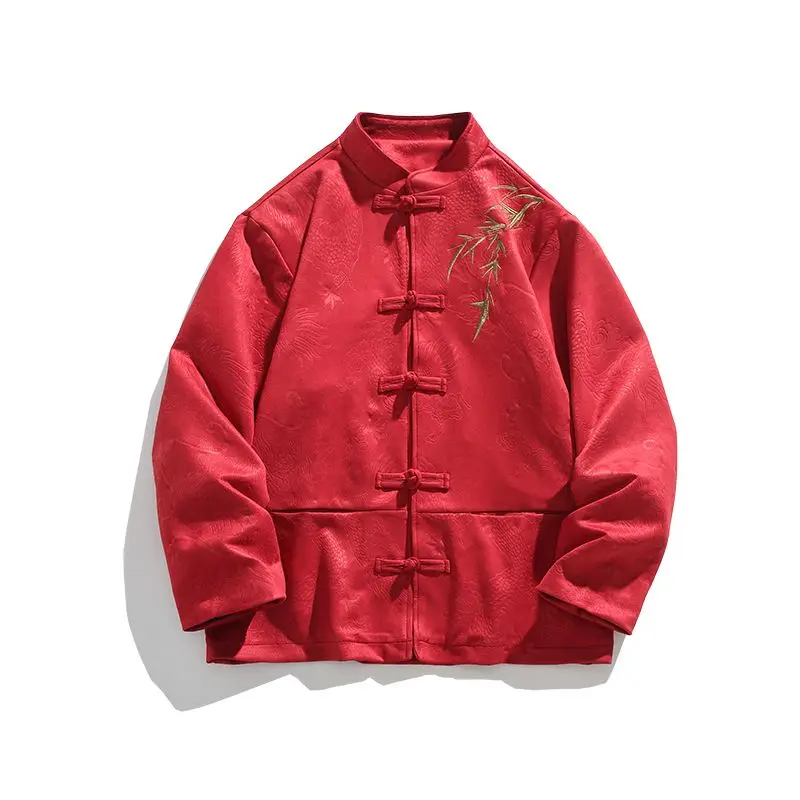 

Men's Suede Jaet Embroidered Button up Loose Fit Autumn New Sle Retro Chinese Costume Modified Traditional Clothing Coat