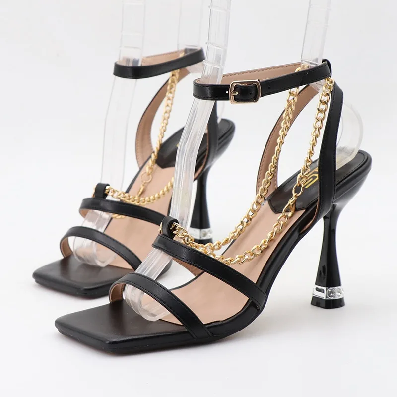 Summer 10cm High Heels Party Drag Queen Sandals Metal Chain Ankle Strap Heels Square Toe Sandles Lady Sexy Fetish Brown Shoes