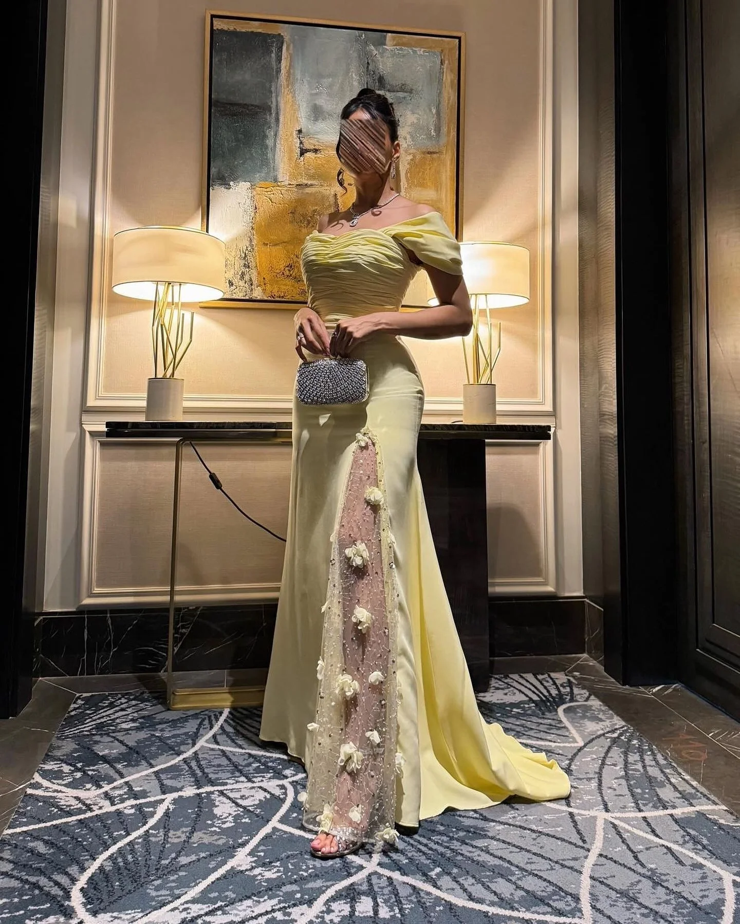 Off Shoulder Evening Dress High Split Prom Dresses Yellow Flowers Pleated Sequins Floor Length Saudi Arabia Party Dresses 2024