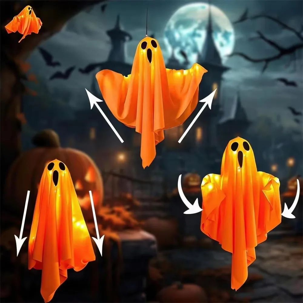 3 sztuki pomarańczowych dekoracji w kształcie duchów na Halloween, do zawieszenia, o długości 60 cm, z wbudowanymi diodami LED, świecące ozdoby w kształcie duchów do użytku na zewnątrz, idealne do