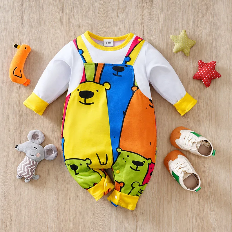 

Faux Suspenders & Colorful Bear Print Spring and Autumn baby clothes 0-18Months Boys and Girls Baby Long-Sleeve Romper Newborn