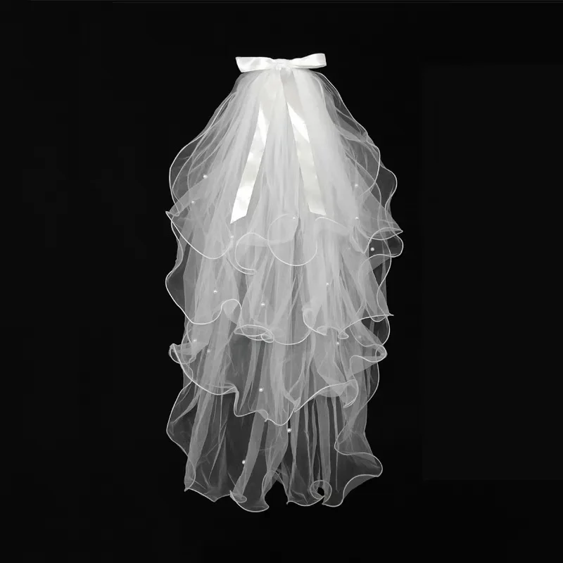 Soft Bridal Four Layer Pearl Bow Bead Wedding Vintage Veil with Pearl