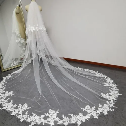 Fotos reales personalizadas, velo de novia con borde de encaje de 3m/3,5 m/4m con colorete, velo de novia de 2 niveles con peine, velo blanco/marfil para boda
