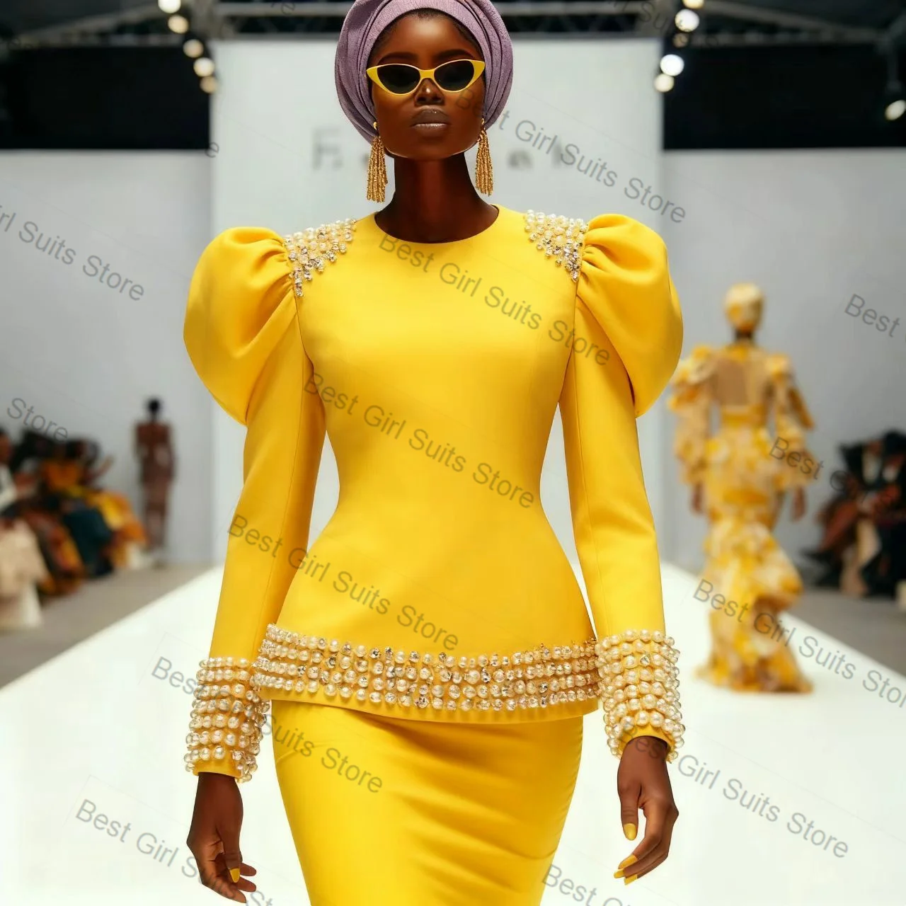 クリスタル女性スーツスカートセット 2 ピースイエローブレザー + プロムドレスフォーマルビジネスオフィスレディジャケットカスタマイズされた結婚式のコート衣装