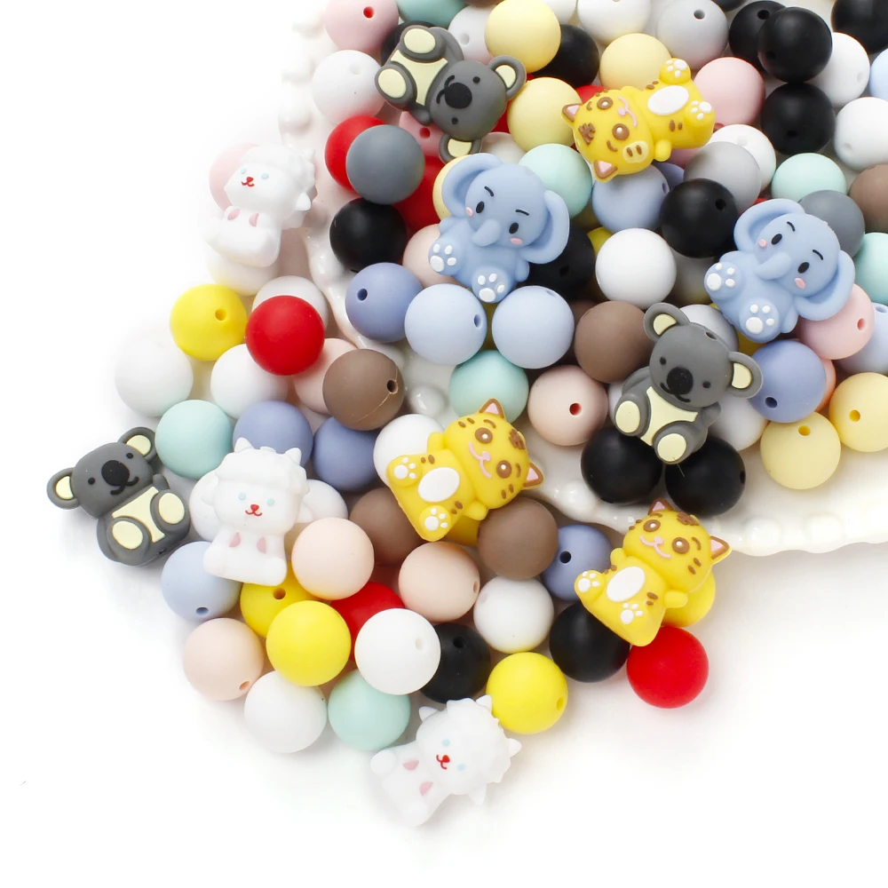 42/64Pcs Animal Silicone Beads Round  Beads Combination Pacifier Chain Accessories for DIY Necklace Bracelet Teether Chew Toy