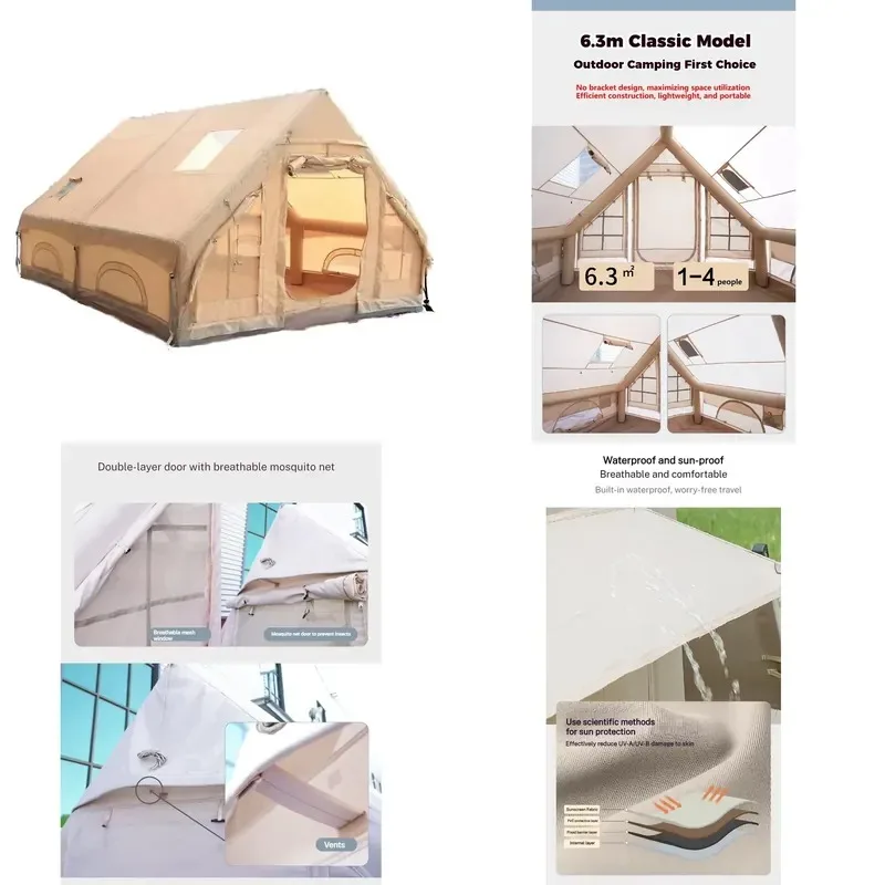 Large Family Portable Inflatable Tent Luxury Waterproof Oxford Fabric Camping House with Two Bedrooms