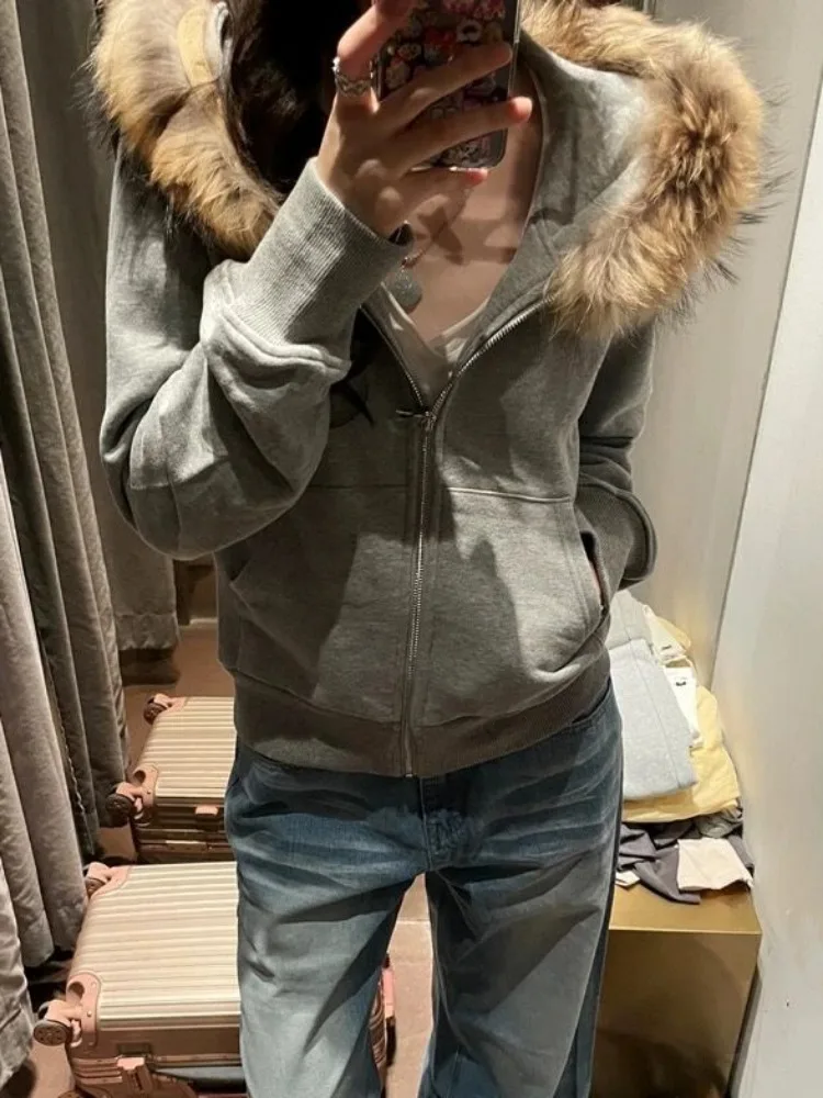 Casual All Match Korean Pocket Coats Vintage Fur Patchwork Hooded Grunge Zip Up Hoodies Women Y2k Aesthetic Gray Sweatshirts