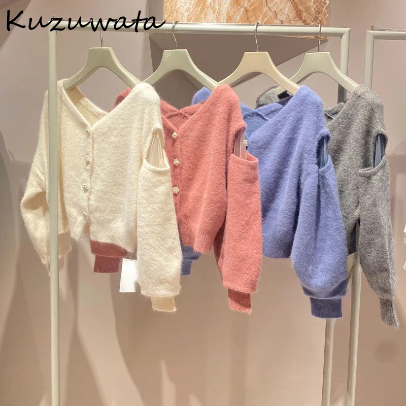 Kuzuwata V Neck Puff Sleeve Loose Elegant Jumper Voile Shoulder Strapless Patchwork Casual Sweaters Japan Button Sweet Moda Tops