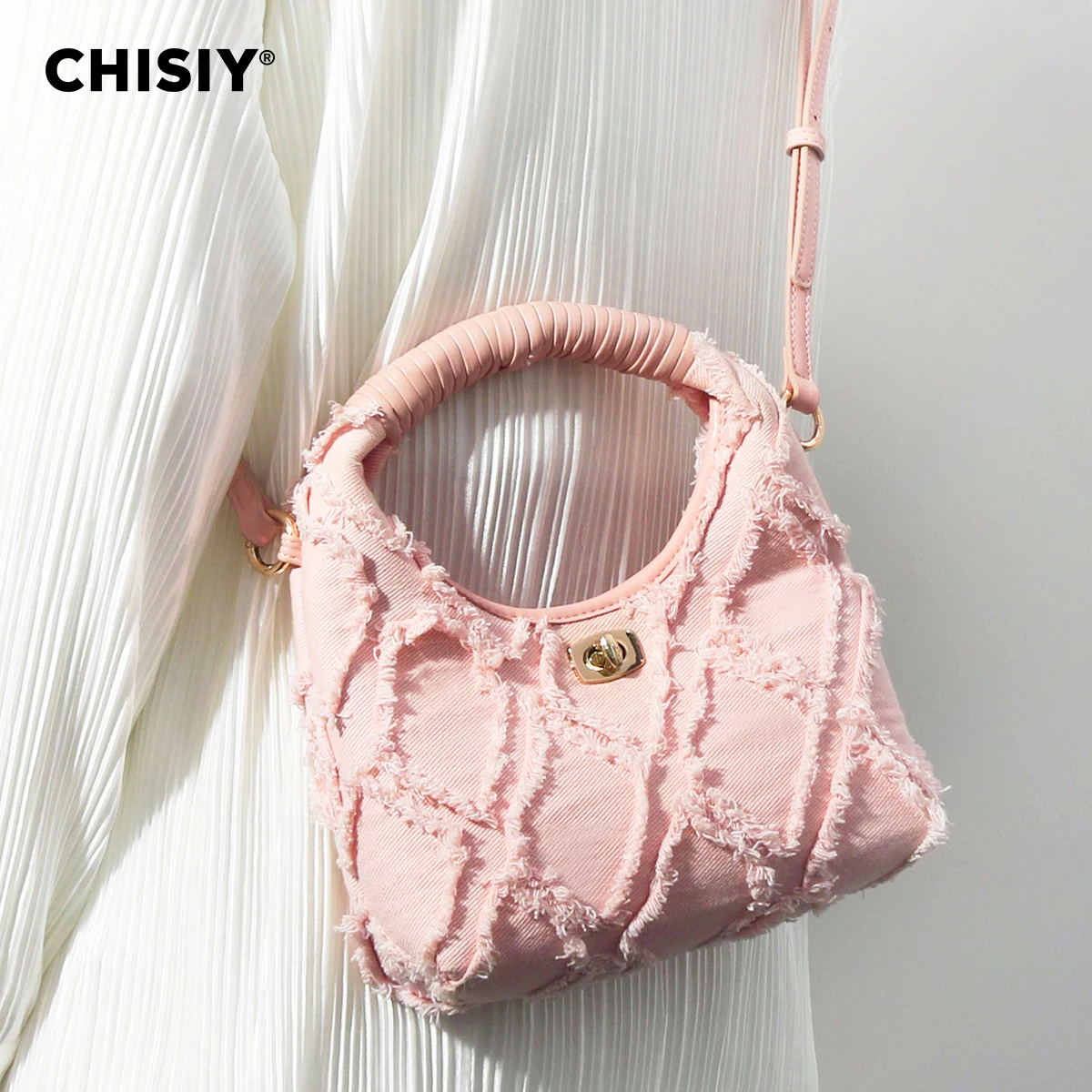 CHISIY Original Handmade Barbie Pink Woven Twisted Lock Bohemian Women\'s Handbag Vacation Bag Summer Valentine\'s Day Gift