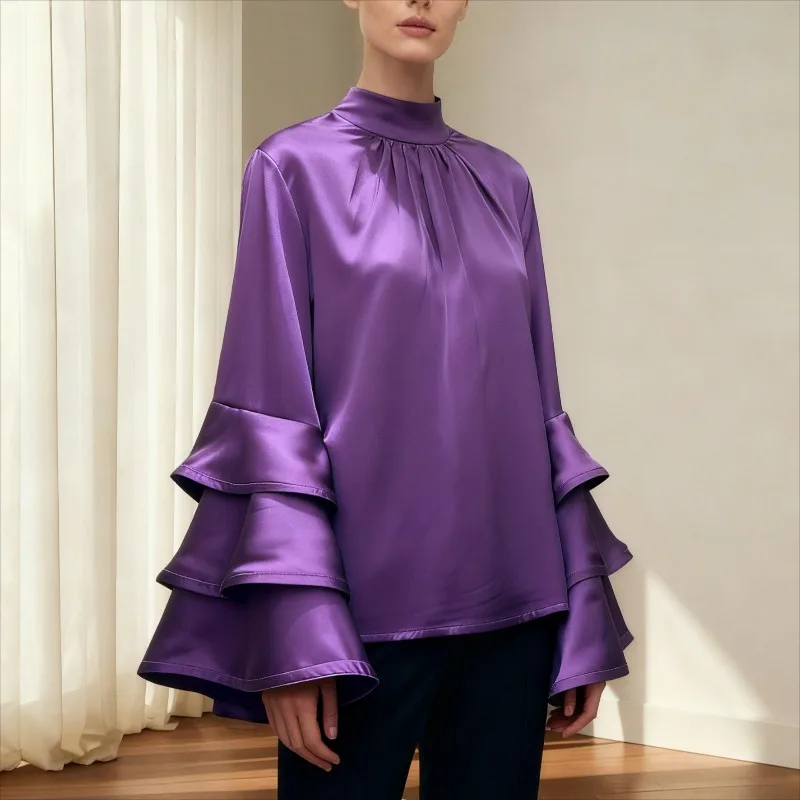 

Gymystars Women's Autumn Clothes Flared Sleeves Tops Casual Loose Solid Color Zipper Round-Neck Elegant Female Casual Daily Top