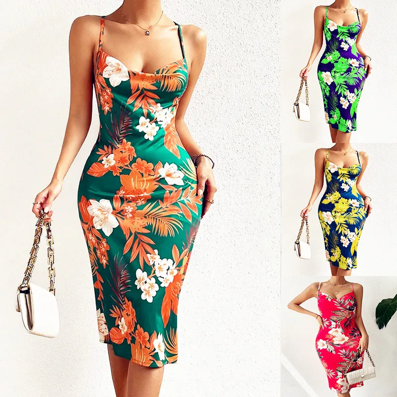 Mulheres magro vestido floral verão sem mangas colete tanque cinta sem alças halter dobra blusa boho casual midi vestidos