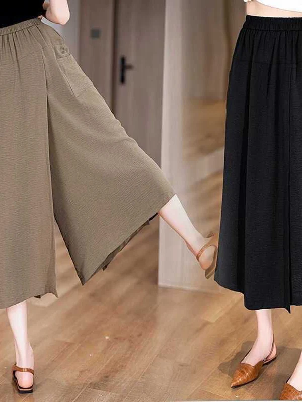Summer Thin High Waist Slit Loose Women's Fashion Casual Skirt Pants Wide Leg Pants Slimming Effect Eighteen Inches Long