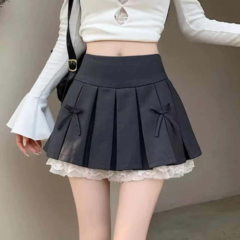 

Korean Fashion Sweet High Waist College Pleated Skirt for Womenn Lace Preppy Bow Skirt Female A-line Pleated Skirt Y2k