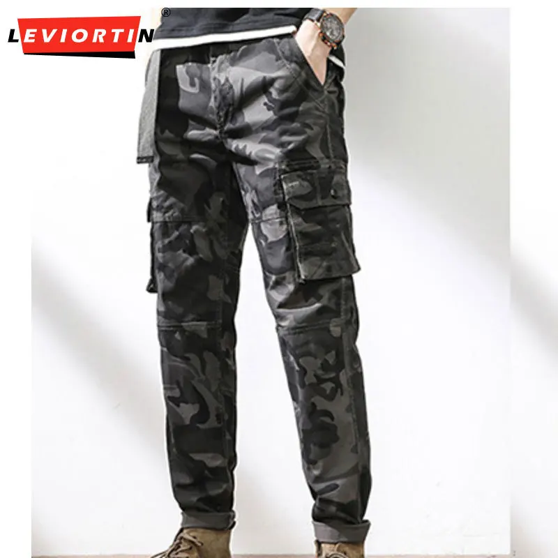 Men's Spring New Port Style Fashionable Simple Loose Straight Tube Multi Pocket Outdoor Sports Work Clothes Camouflage Pants
