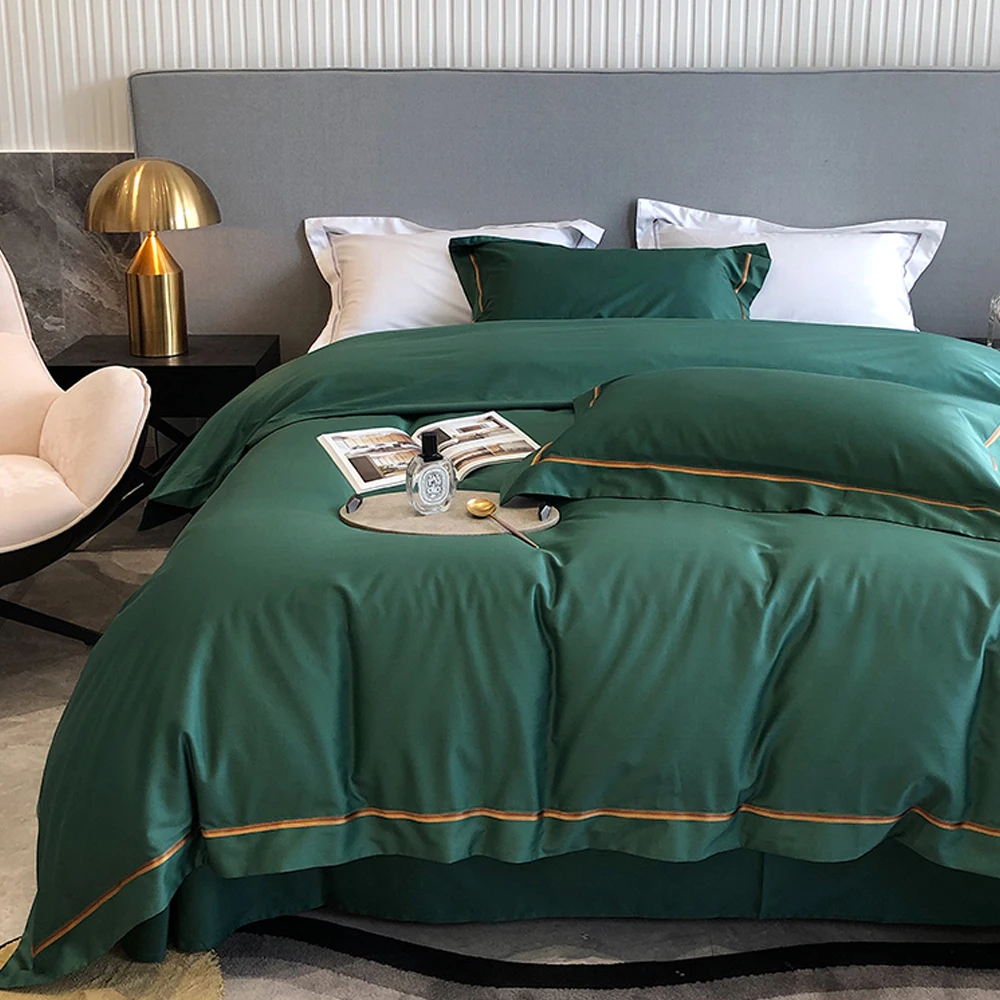 

2024 New 60 Long Velvet Embroidery Striped Color Matching Four-piece Set Of Pure Cotton Luxury Bedding Can Be Customized Green