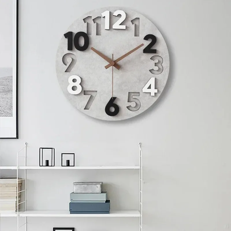 Wooden Retro Silent Wall Clock Living Room Decor Bedroom Luxury Stone Grain Quartz Wall Clocks Simple Roundness Home Decoration